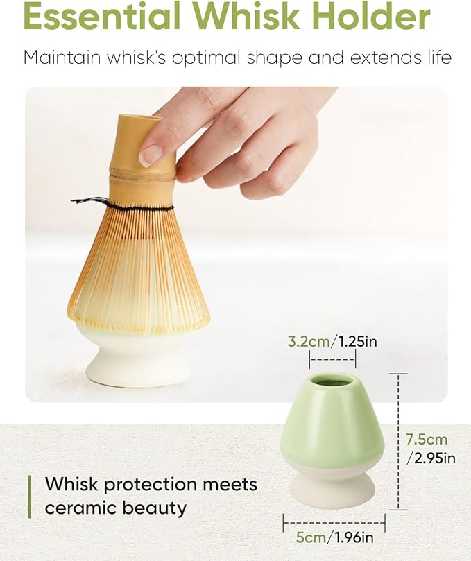 Matcha Whisk and Holder Set, Bamboo Brush, Scoop, Tea Spoon and Ceramic Whisk Stand, Traditional Green Tea Making Kits