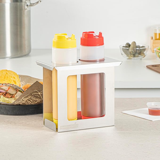 Restaurantware Squeeze Bottle Holder Pack of 1 Stainless Steel 2 Hole Bottle Holder, 2.5" Diameter Fits 1/9 Size Opening, Dishwasher Friendly Integrated Lip Design Holder for Condiment Bottles