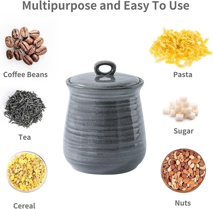 HASENSE Food Storage Contaister with Lid, Ceramic Airtight Sugar Canister for Kitchen, Small Coffee Cookie Jar for Grounds Coffee, Beans, Tea, Flour, Cereal, 30 FL OZ(Grey)
