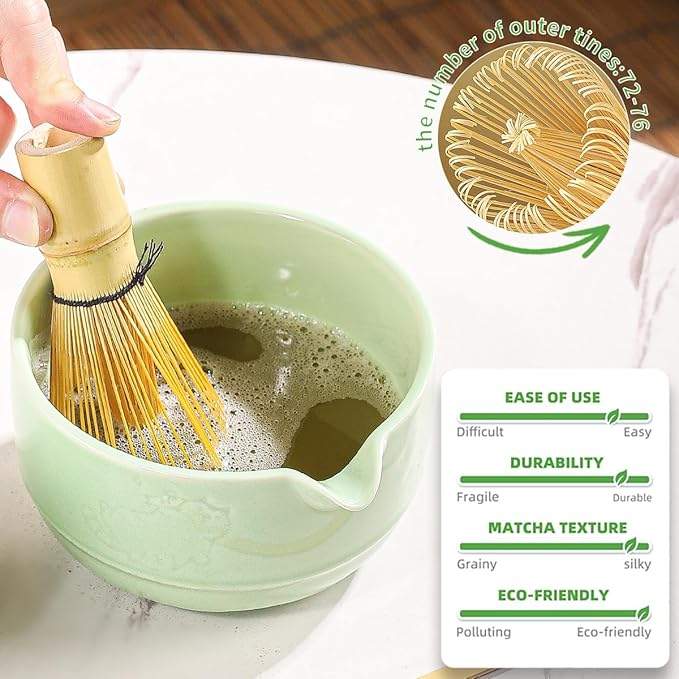 Matcha Tea Set, 5-Piece Ceramic Matcha Bowl & Whisk Kit with Cute Cat Pattern, Traditional Japanese Chawan, Scoop & Sifter, Perfect for Tea Ceremony, Gift for & Tea Lovers (green)