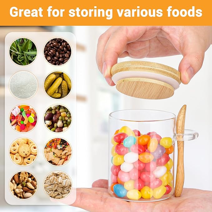 Glass Jar with Bamboo Lids and Spoon - 4 Pack 6 Fl.oz Round Glass Food Storage Jars with Airtight Lid, Includes Labels and Marker, Clear Coffee Sugar Container Set, Loose Tea Canister for Spice