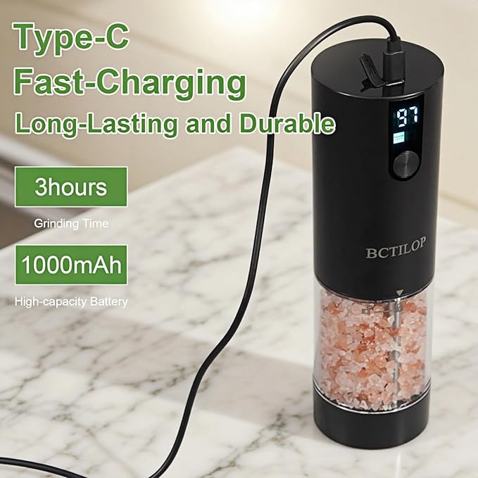 2Pack Electric Salt and Pepper Grinder Set with Power Display, USB Rechargeable Automatic Salt & Pepper Mills, Adjustable Coarseness, 120ml Larger Capacity with LED Light (Black Set)