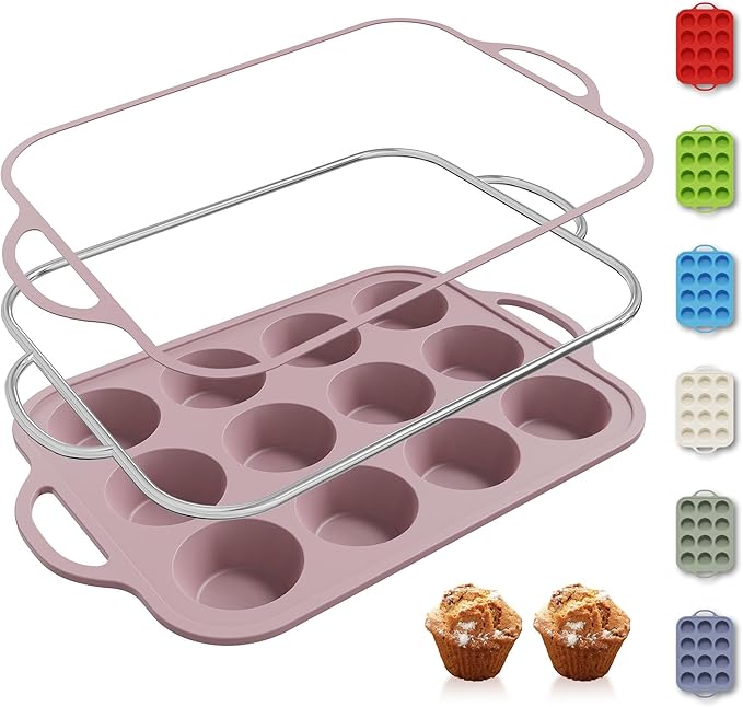 Socisen 12 Cups Silicone Muffin Pan with Metal Reinforced Frame Regular Size Cupcake Pan Tray Egg Bites Silicone Cookie Molds Muffin Tin Best Baking Pans Tart Pan Sheet Set Reusable Cupcake Liners