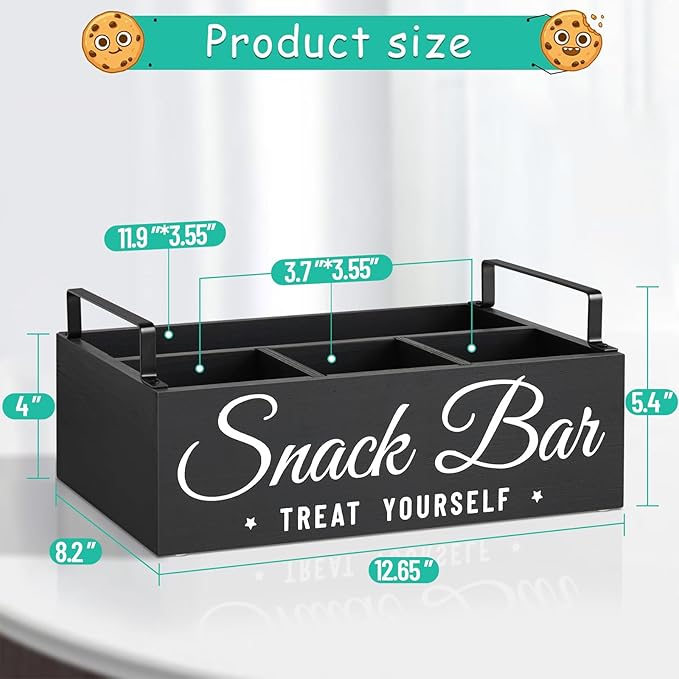 Unistyle Wood Pantry Storage Bins with Handles, Snack Organizer for Countertop, 4 Compartment Food Container Snack Box, Black