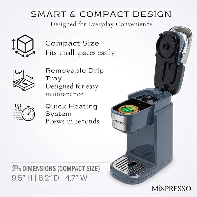 Mixpresso Single Cup Coffee Brewer - Quick Brew, One Touch Function, 12oz One Cup Grey Coffee Maker