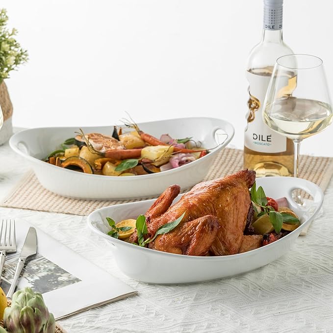 YHOSSEUN Large Serving Bowl with Handles, 1.5 Quarts Oval Serving Platter for Turkey, Thanksgiving Serving Dishes for Entertaining, Ceramic Salad Bowls Set of 2 White