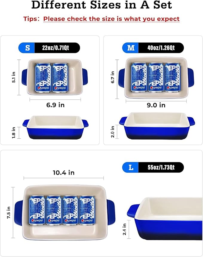 3Piece Casserole Dish Ceramic Baking Dish Rectangular Baking Dishes for Oven Ceramic Bakeware with Handles Durable Nonstick Large Lasagna Pan for Cooking, Baking, 10'' x 7'', Gradient DarkBlue