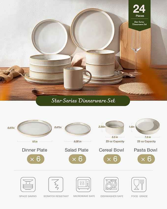 Famiware Star Dinnerware Set with Pasta Bowls, Service for 6 (24 Pieces), Ribbed Stoneware Plates and Double Bowls Sets - Chip & Scratch Resistant, Microwave & Dishwasher Safe Dishes, Cappuccino White