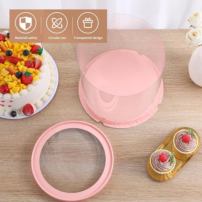 JCD 6Pcs 8.5 * 9.5inch Round clear cake boxes with Ribbon,Ideal for 7inch and 6inch Tall Layer Tiered Cakes,Multi-Layer cake boxes for Christmas Bakery Treat (Pink, Round 8.5inch/6pcs)