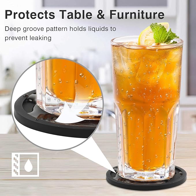 2 Pack Silicone Coasters for Drinks, Round Black Coaster with Deep Tray Grooved Design Cup Mat, Washable Heat Resistant Durable Non-Slip Coasters for Coffee Table Wooden Desk Kitchen Bar
