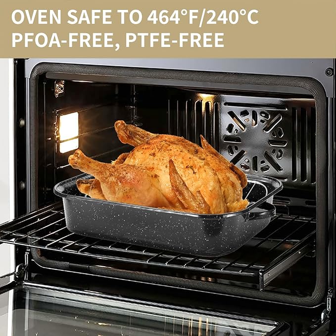 21Inch Roasting Pan, Extra Large Rectangle Roasting Pan With Rack, 25lb Capacity, Large Roaster pan for Baking Turkey, V-Rack and Versatile Lid Bone Turkey Baster by DIMESHY