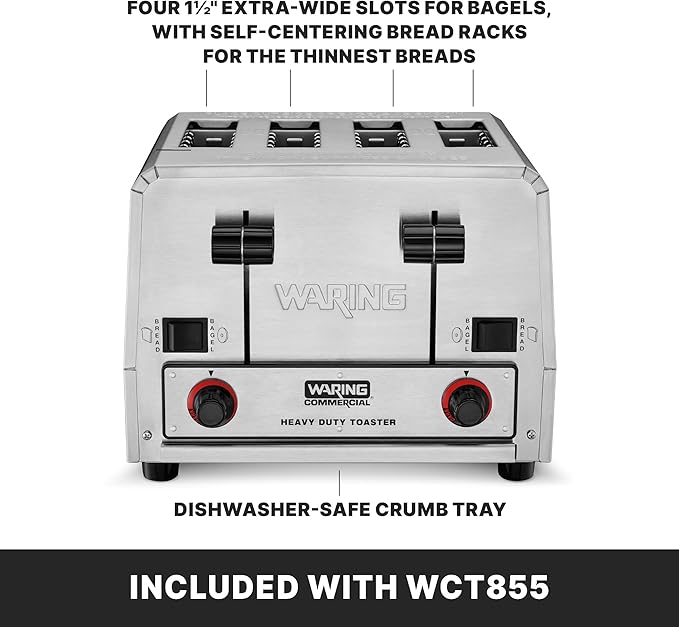 Waring Commercial WCT855 4-Slice Heavy Duty Commercial Pop-Up Bread/Bagel Toaster, 240V, 2700W, 6-15 Phase Plug
