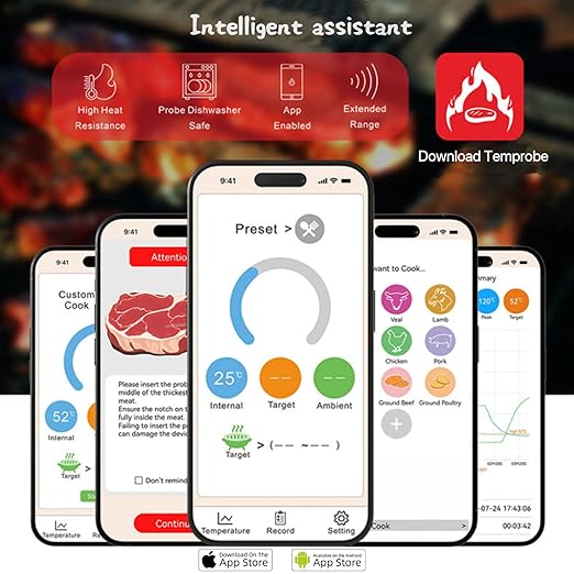Wireless Bluetooth Meat Thermometer, 820ft Range, VA HD Digital Display, Instant Read, Waterproof Probe for Grilling, Oven, Air Fryer, Smoker, Turkey, Steak, Kitchen Cooking