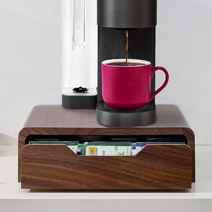 Solid Walnut Coffee Pod Organizer, 35-Capacity Coffee Drawer with Removable Dividers & Child-Safe Rounded Edges for Countertop