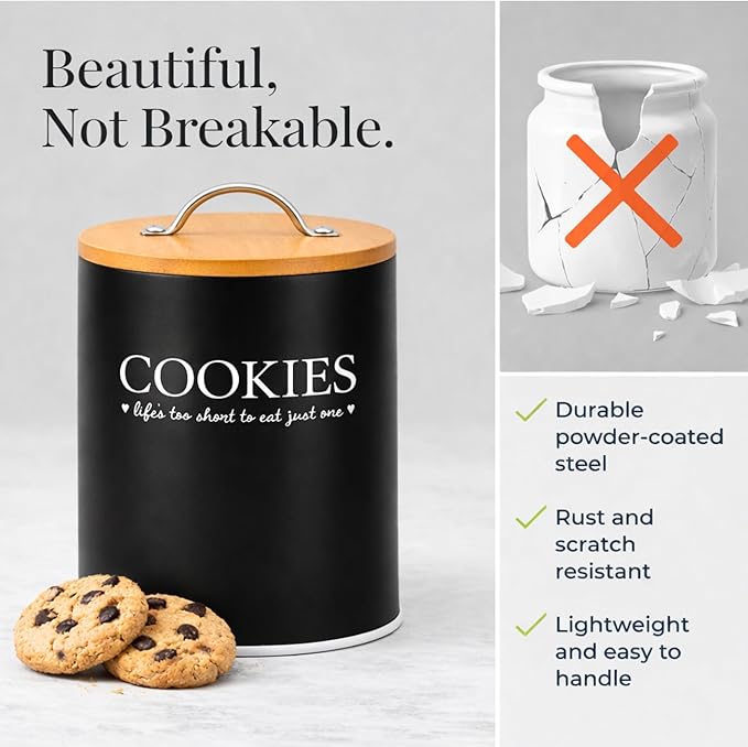 D'Lifeful Cookie Jar with Airtight Bamboo Lid – 0.6 Gallon Cute and Decorative Cookie Storage for Kitchen Countertop – Farmhouse Storage Tin for Freshness – Great Gift Idea