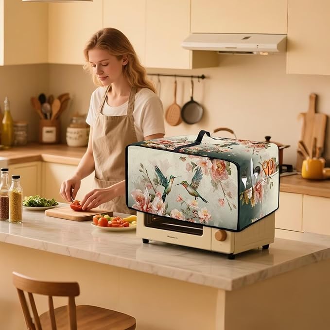 Air Fryer Toaster Oven Dust Cover Washable Fabric Countertop Microwave Smart Oven Cover for Kitchen Countertop Decor, S, 14.5 x 18.5 x 9 Inches, Hummingbird Floral Pattern