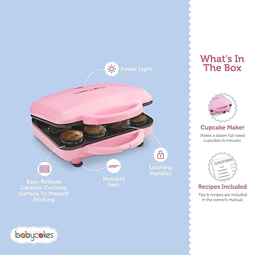 Babycakes Full Size 12 Cupcake Maker - Kitchen Appliance with Nonstick Coating & Latching Handle - Machine for Full-Sized Cupcakes - Includes Manual with Cupcake Recipes