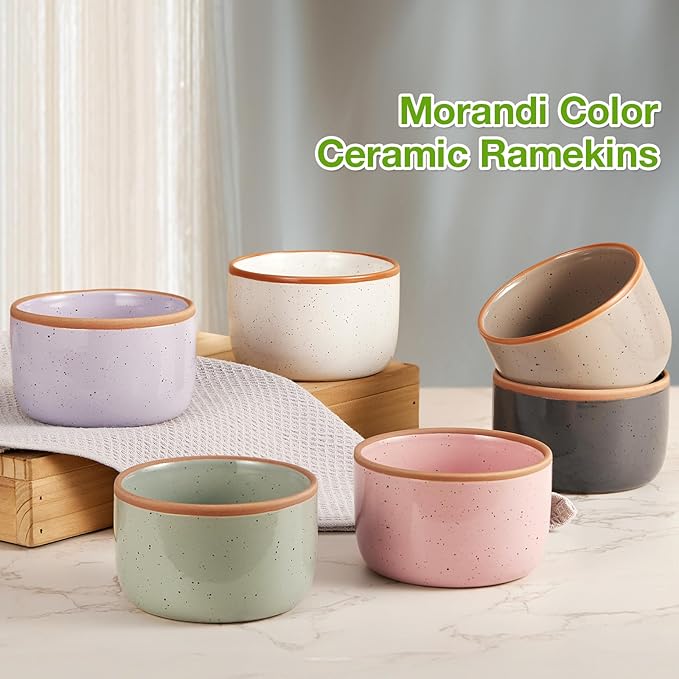 Morandi Color Ramekins Set of 6, 8 oz Creme Brulee Ramekins Oven Safe, Porcelain Ramekin Bowls, Mini Cheesecake Pans, Small Baking Dish, Dipping Sauce Bowls, Ramekin for Baking Souffle, Ice Cream