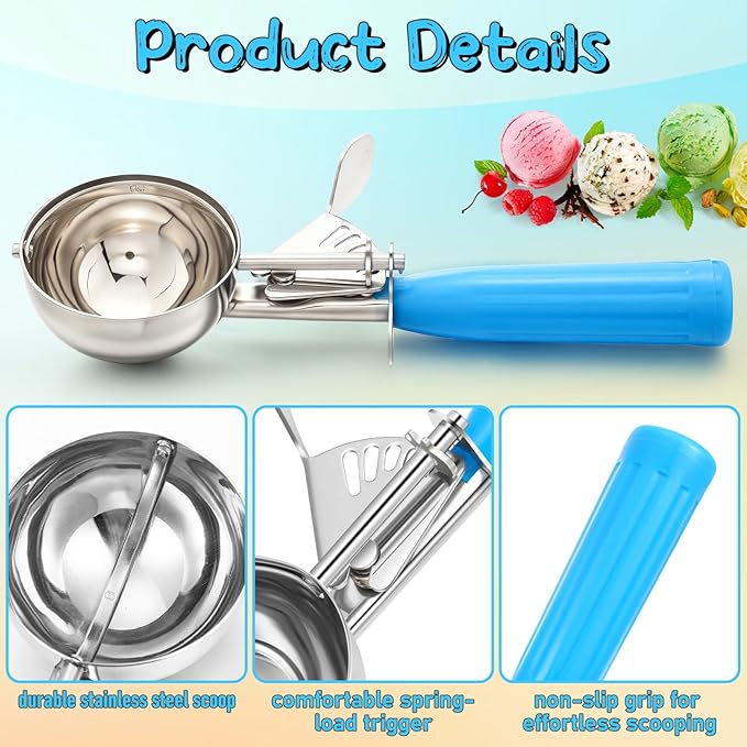 Reallnaive 2 Pcs Release Cookie Scoops Ice Cream Scooper with Trigger Release Portion Scoop Stainless Steel for Portion Control, Baking Food, Cookie Dough (4 oz,Blue)