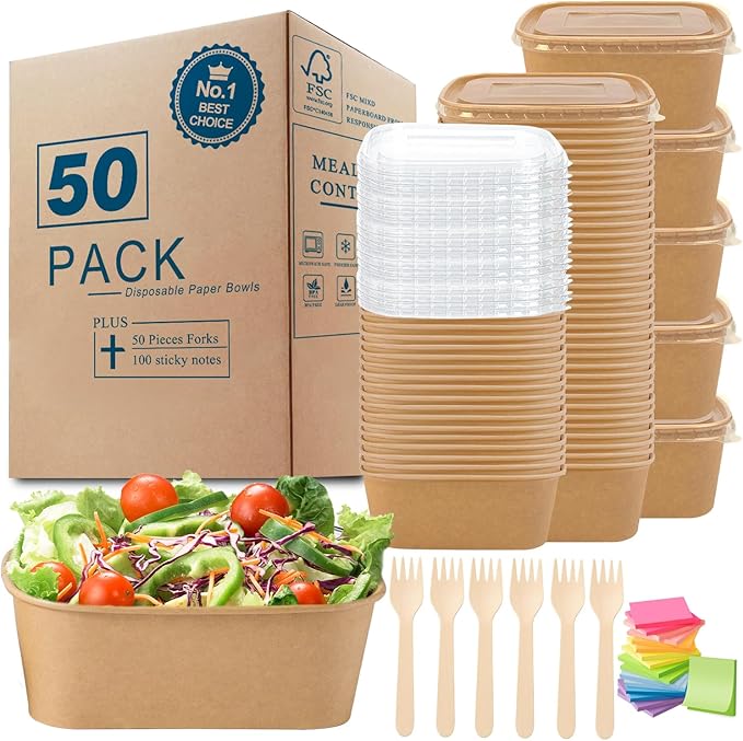 MINCOCO 50 Count Disposable Paper Bowls with Lids Meal Prep Containers 【Includes 50 Wooden Forks + 100 Labels】 Salad Food Containers Freezer & Microwave Safe Leakproof Soup Bowls (25 Ounce, 50-Count)