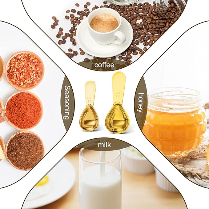 Safring Stainless steel coffee scoop 2-piece set (1 tbsp, 2 tbsp) durable Tablespoon, ergonomic measuring spoon, Suitable for small and large jars，short-handled spoon (Gold)