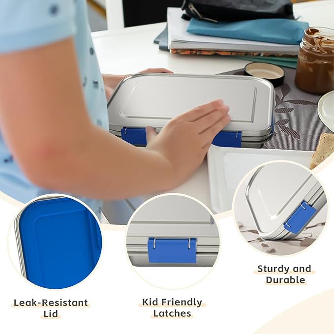 BOSEDSANG Stainless Steel Kids Leak-Resistant Bento Lunch Box, 3-Compartments with Silicone Container, Dishwasher-Safe, Child-Friendly Design for School, Picnics & Travel,BPA-Free (Blue)