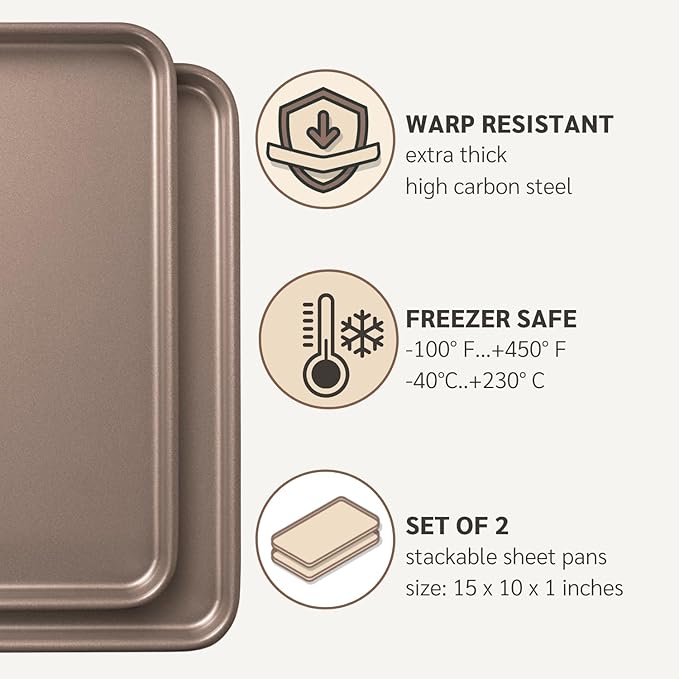 HAPPIELS Nonstick Baking Sheet Set of 2 – 10 x 15 Inch Non-Toxic Cookie Sheets | Premium Nonstick Jelly Roll Pans for Baking & Roasting | PFOA-Free, Durable Bakeware 15x10 in