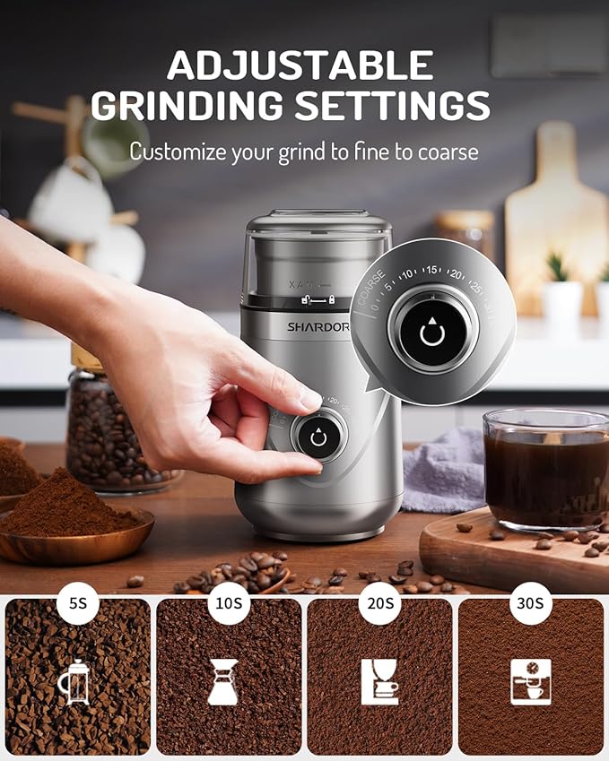 SHARDOR Electric Super Silent Blade Coffee Grinder, Timed Grind Control Rotary Knob, Adjustable Coarse to Fine for Coffee Beans, Spices & Herbs, with 2 Removable Stainless Steel Bowl, Sliver