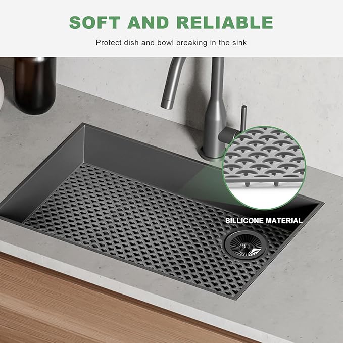 Sink Protectors for Kitchen Sinks - Large 28.4“ x 15” with Right Side Top Hole Heat Resistant Easy to Clean Non-Slip Kitchen Sink Mat for Kitchens Sinks Stainless Steel Bottom (Grey) - 72x38CM