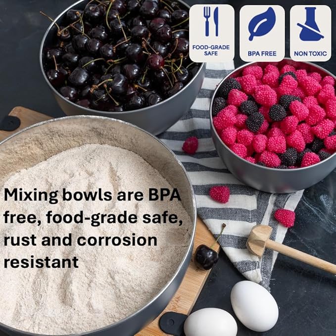 WHYSKO® Stainless Steel Mixing Bowls (Set of 3) with Non-Slip Silicone Base for Kitchen, Dishwasher Safe Bowls for Meal Prep, Cooking, Baking, Serving, Food Storage (Grey)