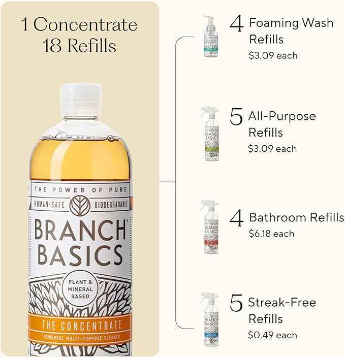 Branch Basics Ultimate Starter Kit: Natural All Purpose Cleaner, Glass, Bathroom, Foaming Hand Wash (4 Plastic Bottles + Concentrate + Oxygen Boost), Laundry Detergent, Plastic-Free Dishwasher Tablets