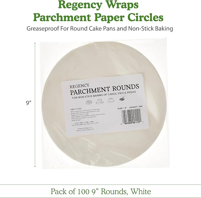 Regency Wraps Parchment Paper Circles For Round Cake Pans, Greaseproof Liners for Non-Stick Baking, 9" (Pack of 100), White