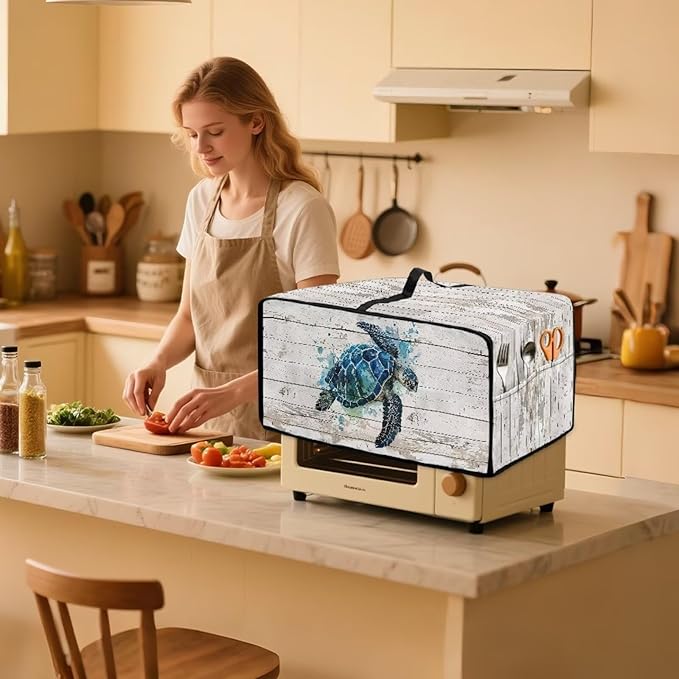 Air Fryer Toaster Oven Cover with Side Pockets, Protective Electrical Appliance Cover Kitchen Countertop Accessories and Decor, L, Watercolor Sea Turtle Wood Grain