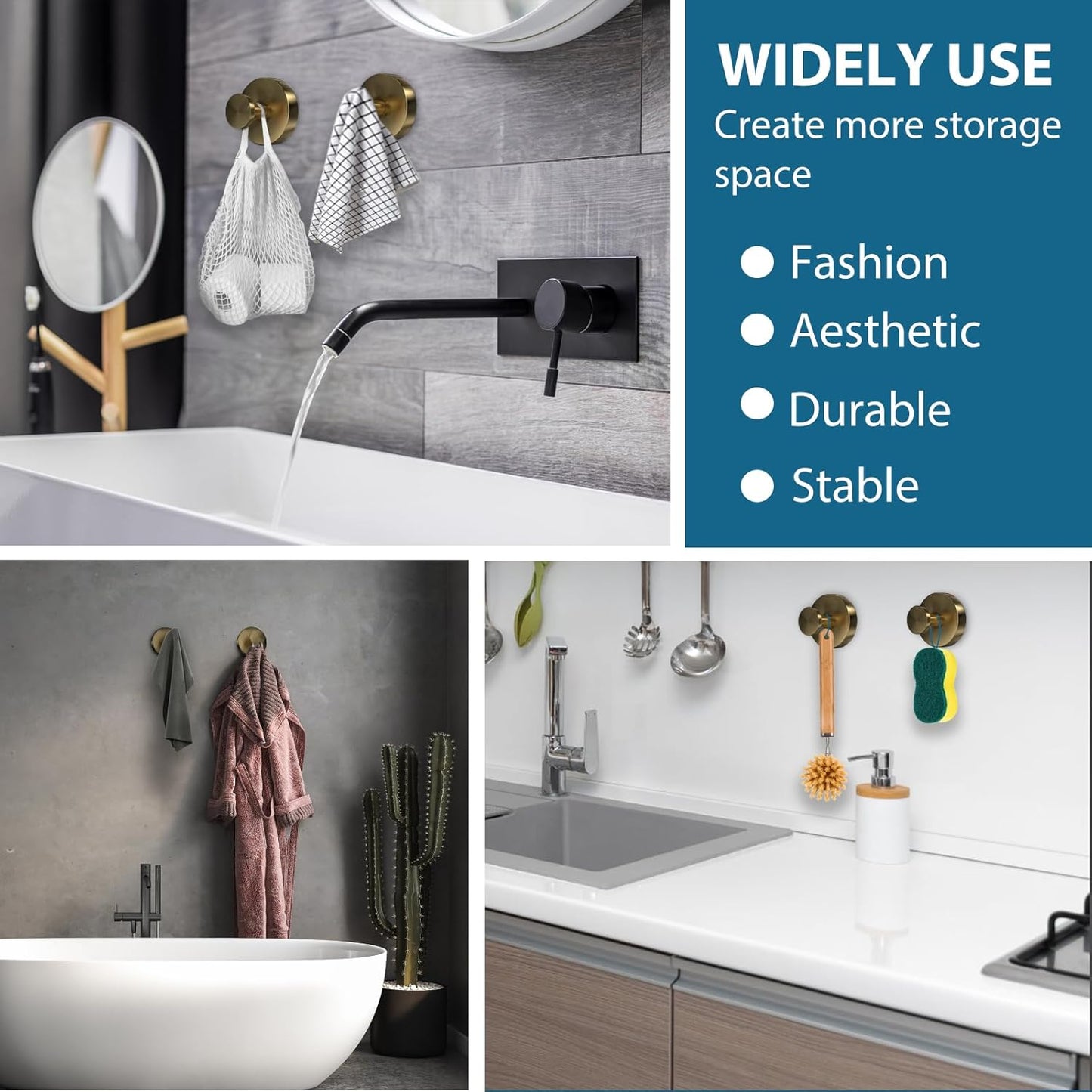 Suction Cup Hooks for Shower, 4 PCS No-Drill Towel Holder for Bathrooms Wall, Glass Door, Mirror, Tiles, Kitchen, Hold Robe & Wreath, Hanging up to 15 lbs – Waterproof & Rustproof, Loofah-Gold