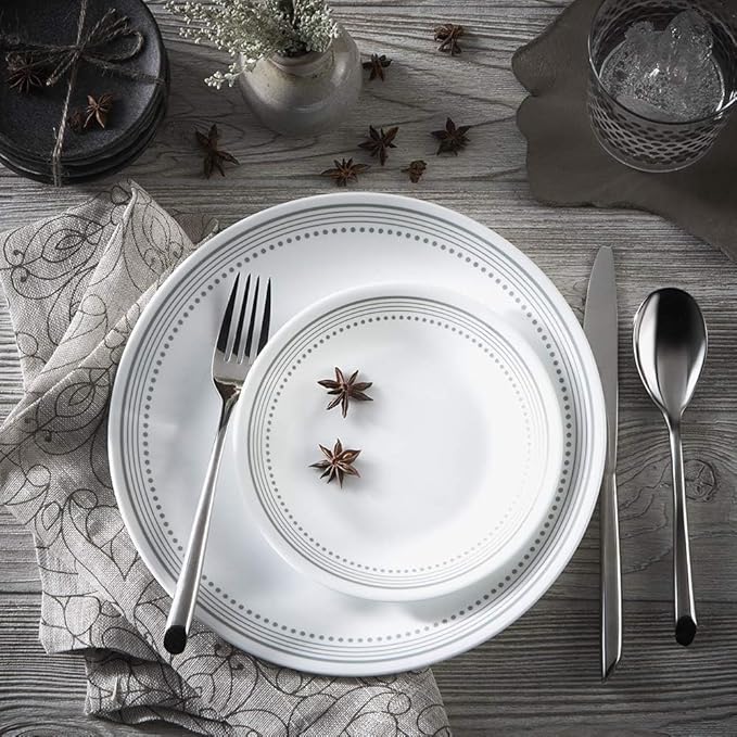 Corelle Vitrelle 18-Piece Service for 6 Dinnerware Set Triple Layer Glass and Chip Resistant, Lightweight Round Plates and Bowls Set, Mystic Gray
