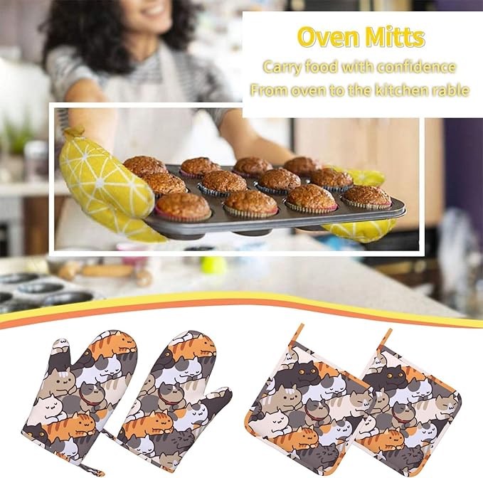 Fun Cat Cartoon Animal Face Oven Mitts and Pot Holders Set of 4 Silicone Heat Resistant Oven Mitten Potholders Non Slip Gloves Kitchen Decor for BBQ Cooking Grilling Baking