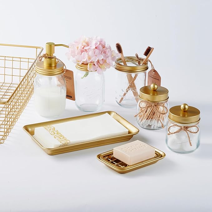 SheeChung 4 Pack Farmhouse Metal Wire Basket Bin with Wall Mount and 2 Pack Bathroom Soap Dishes Tray with Drain Metal Sponges Scrubber Holder Bar Soap Dispenser Saver