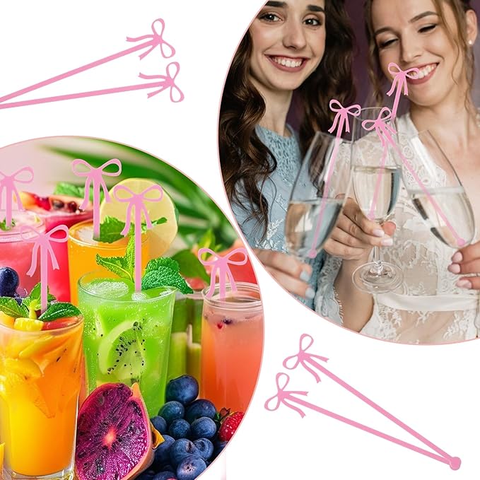 20PCS Drink Stirrers Cocktail - Shimmeroo Pink Bow Acrylic Drink Stirrers, 6 Inch Long Reusable Plastic Stirrer for Wedding Birthday Bridal Bachelorette Party Supplies Cupcake Decorations