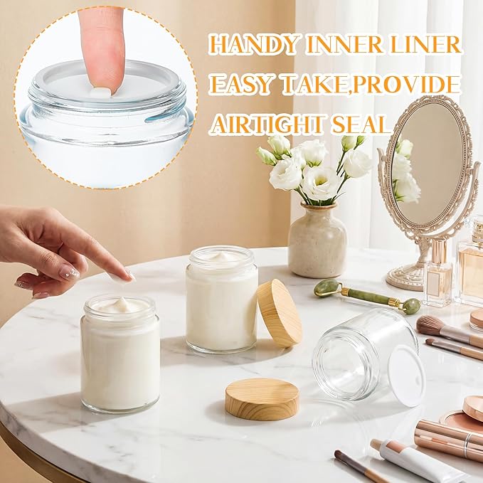 Norme 24 Pcs 8 oz Glass Jars with Lids Empty Small Glass Containers and Inner Liners Reusable Cosmetic Jars Round Airtight Bottles with Plastic Woodgrain Lids for Travel