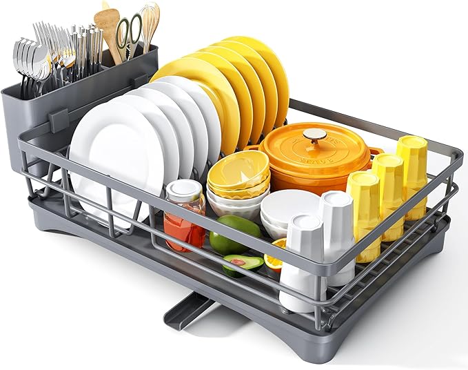 Dish Drying Rack for Kitchen Counter - Large Dish Rack with Drainboard, Rustproof Dish Drainer with Utensil Holder for Sink, Grey