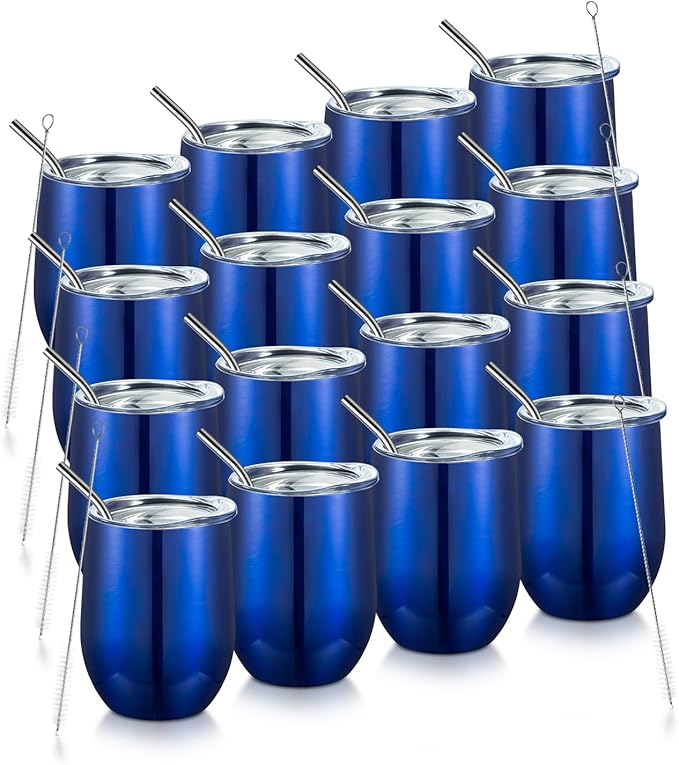 COMOOO 12oz Stainless Steel Wine Tumbler with Lid and Straw, Double Wall Vacuum Insulated Travel Tumbler Cup Stemless for Hot and Cold Drinks Coffee, Wine, Cocktails, Royal blue, 16 Pack