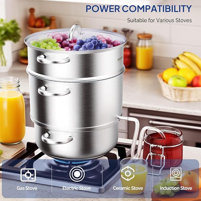 ROVSUN 5 Quart Juice Steamer Stainless Steel, Extractor Fruit Vegetables Juicer Steamer Pot, w/Tempered Glass Lid Clamp, Loop Handles, Ideal for Making Juice, Jelly, Pasta