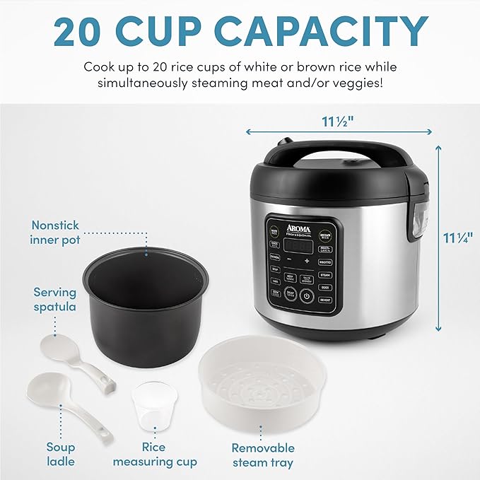 Aroma Housewares Professional Plus ARC-5000SB 20 Cup (Cooked) Digital Rice Cooker, Food Steamer, Slow Cooker, Stainless Exterior/Nonstick Pot, Silver, Black, 10-cup uncooked/20-cup cooked/4QT