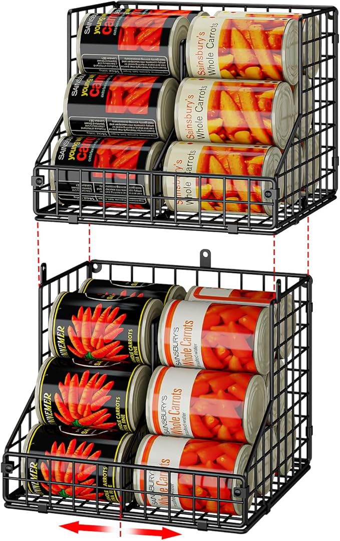 Stackable Can Organizer for Pantry with 2 Adjustable Dividers, Soda Can Organizer, Can Storage Dispenser Holds up to 28 Cans, 2 tier Metal Wire Baskets Can Holder for Kitchen Cabinet Pantry, Black