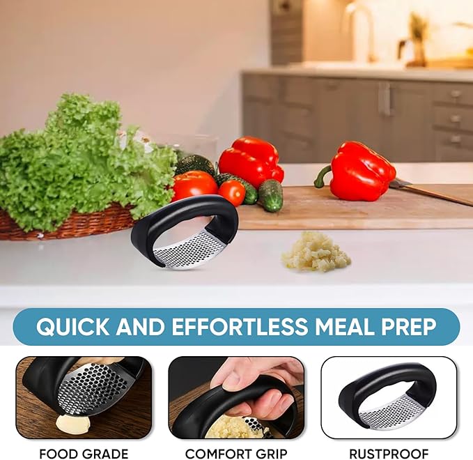 Fourteen Homes Steel Garlic Press - Premium Garlic Mincer Garlic Crusher - New Innovative Garlic Masher with Peeler - Rust Proof - Sturdy Grip (Black)
