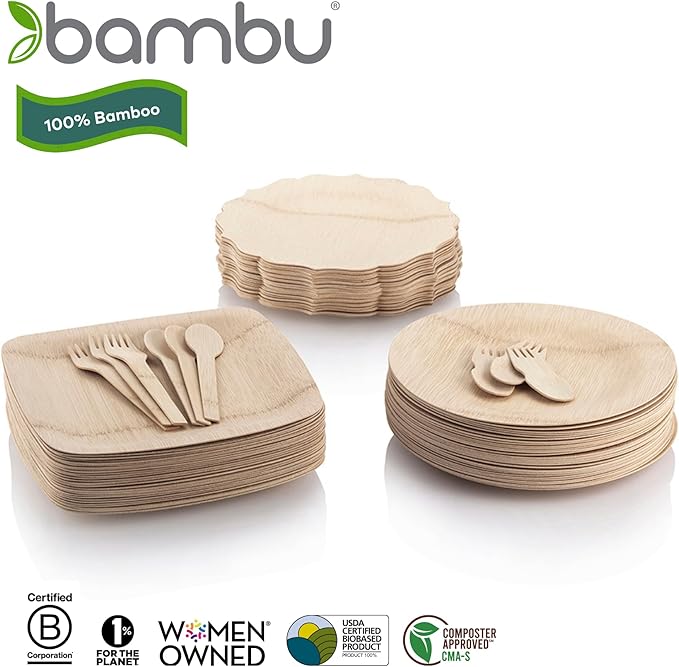 Bambu Pack of 25-7 Inch Disposable Bamboo Plates Fancy, Biodegradable Eco Friendly Products, Bamboo Disposable Plates for Party, Weddings, and Events, Great For Any Occasion, Compostable Plates