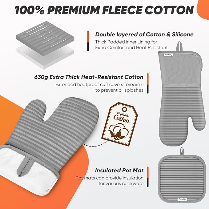 Oven Mitts Kitchen Towels and Dishcloths with Pot Holders Sets, Oven Gloves Hot Pads 500°F Heat Resistant with Silicone Grip, Include 2 Cooking Gloves/2 Potholders/4 Kitchen Towels/4 Dish Towels-Gray