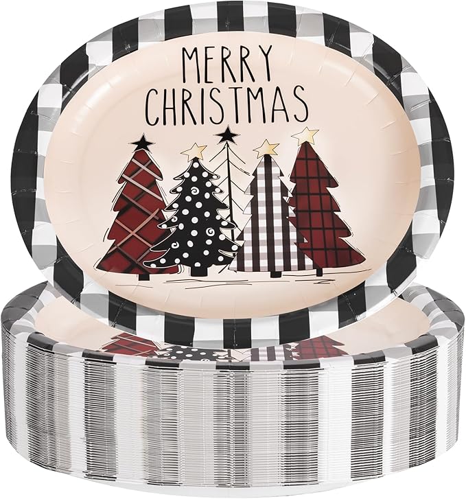 WDF 50Pack Christmas Paper Plates - 10"x12" Christmas Tree Plates Christmas Oval Paper Checkered Plates - Dinner Size Large Disposable Platter Heavy Duty for Happy Christmas Serving