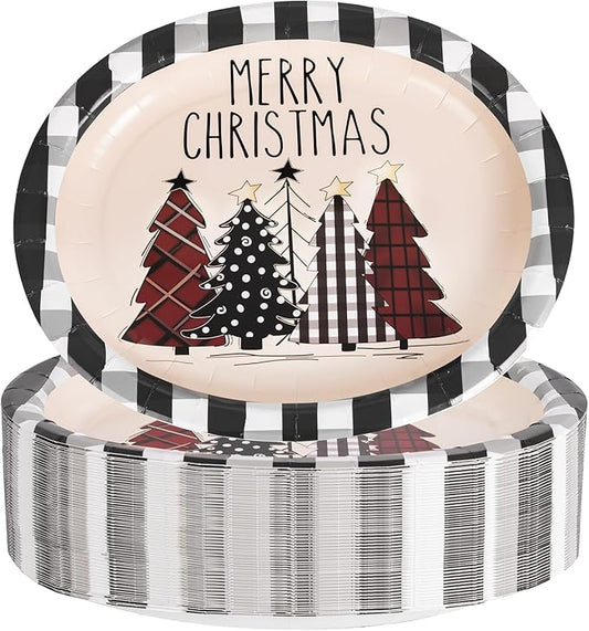 WDF 50Pack Christmas Paper Plates - 10"x12" Christmas Tree Plates Christmas Oval Paper Checkered Plates - Dinner Size Large Disposable Platter Heavy Duty for Happy Christmas Serving