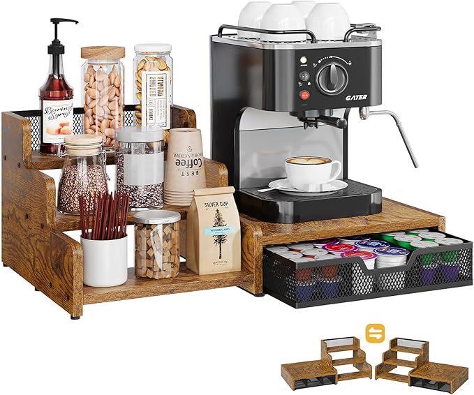 Coffee Station Organizer with K Cup Holder, 28 Pod Capacity,3-Tier Syrup Rack with Coffee Pod Holder Drawer, Coffee Bar organizer Countertop for Accessories,Rustic Brown